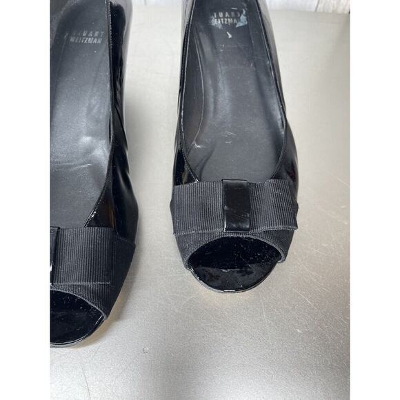 Stuart Weitzman Kitten Bow Heels Shoes 9.5M Patent Leather Pumps Peep Toe - Picture 5 of 8